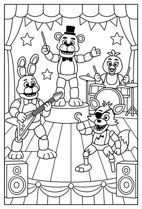 Freddy conducting a tiny band of instruments with a baton coloring page