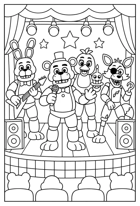 Freddy Fazbear singing on stage with a microphone and round stage lights coloring page