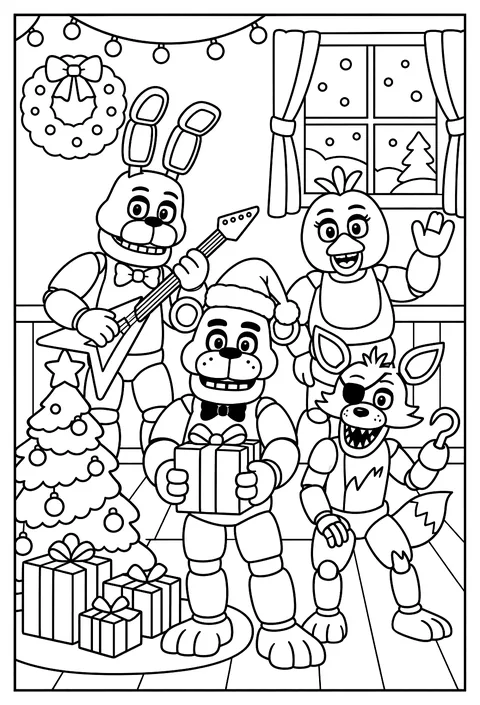 Freddy wearing a Santa hat next to a small decorated Christmas tree with presents coloring page