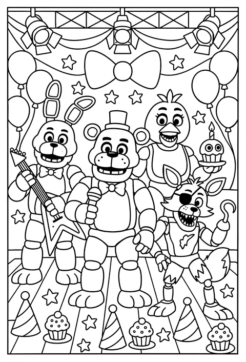 A pattern page of party hats, cupcakes, balloons and stage lights around a bow-tie shape coloring page