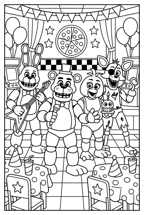 The Fazbear pizzeria dining room with tables, balloons and arcade machines coloring page