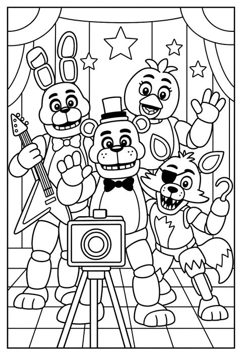 The four animatronics posing together for a photo-booth picture with an old camera coloring page