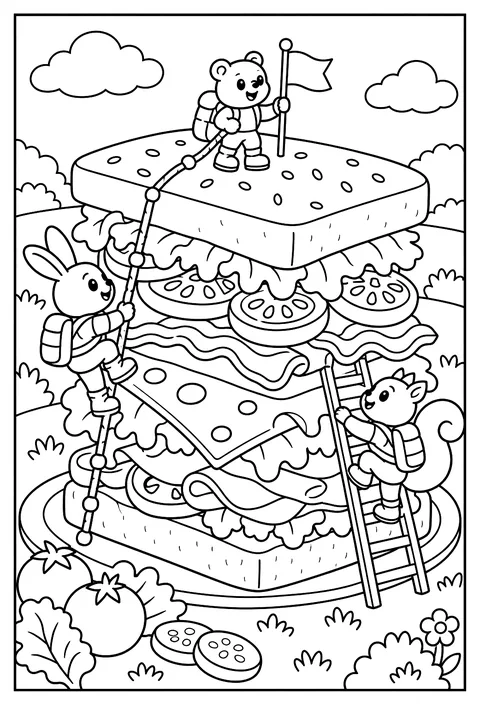 Cutaway of a giant sandwich showing every layer with tiny climbers coloring page