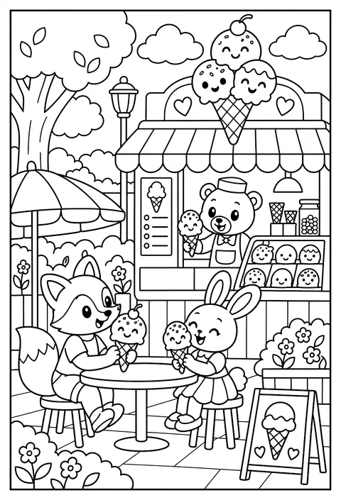 An ice-cream shop where the scoops have faces coloring page