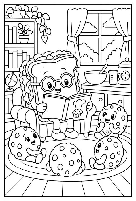 A librarian sandwich reading a recipe book to cookies coloring page