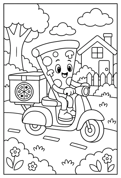 A pizza slice character delivering itself on a scooter coloring page