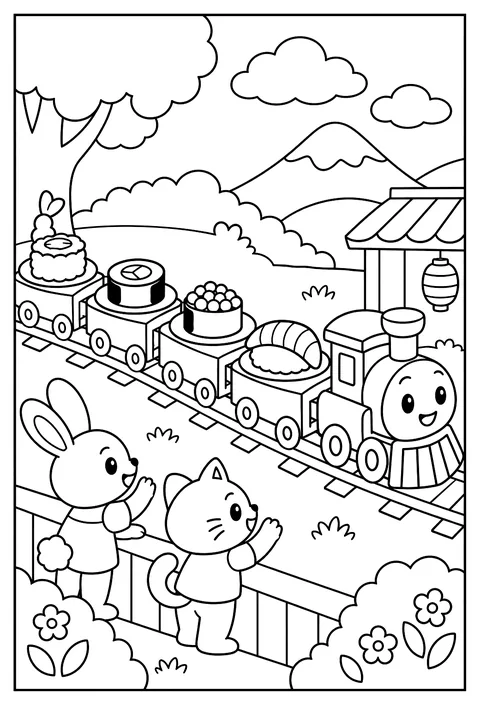 A sushi train with a different roll in each car coloring page