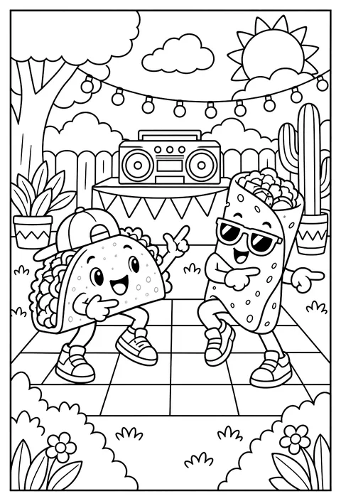 A taco and a burrito having a dance-off coloring page