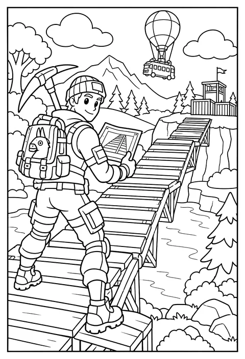 A Fortnite character building a bridge of wooden ramps over a river coloring page