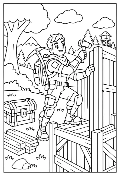 A Fortnite character building a wooden fort tower out of plank walls coloring page