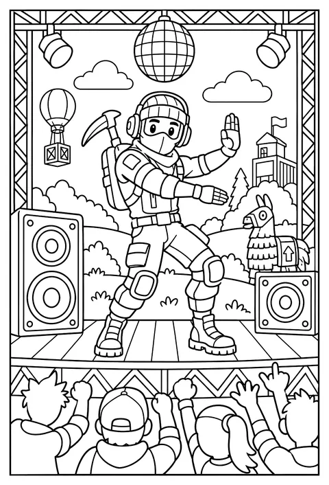 A Fortnite character dancing a robot-style emote on a stage with speakers coloring page