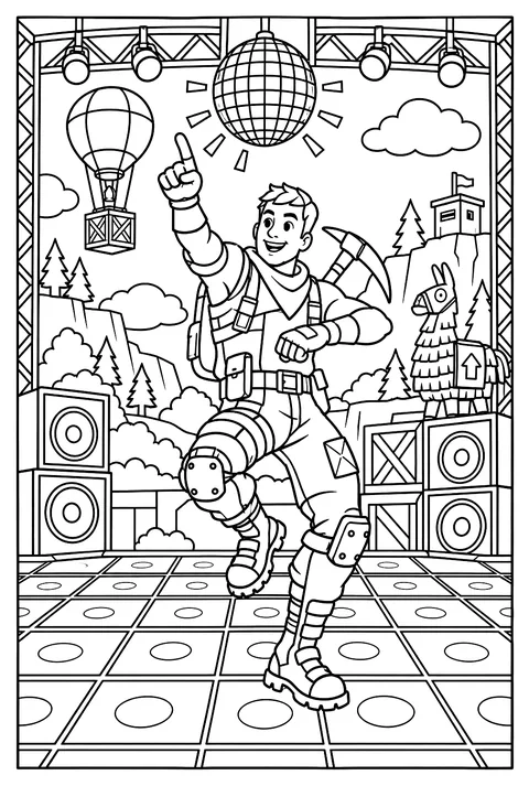 A Fortnite character dancing on a giant lit-up disco floor coloring page