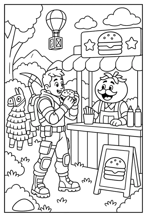 A Fortnite character eating a burger at an outdoor food stand counter coloring page