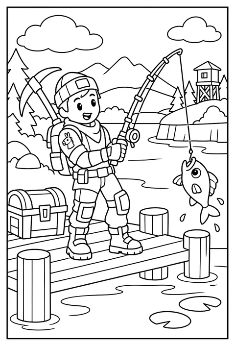 A Fortnite character fishing off a dock and reeling in a fish coloring page