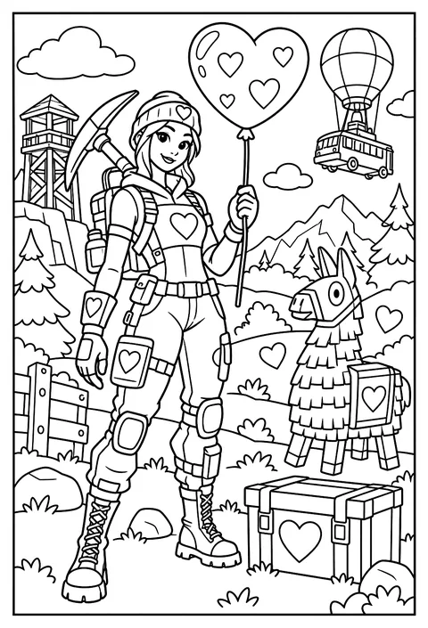 A Fortnite character holding a heart-shaped balloon for Valentine's Day coloring page