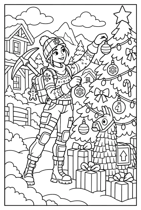 A Fortnite character in a Christmas outfit decorating a tree with ornaments coloring page