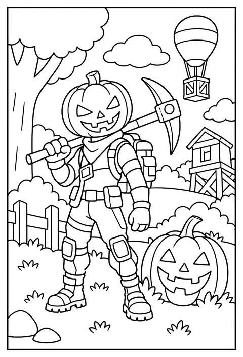 A Fortnite character in a Halloween costume next to a carved pumpkin coloring page