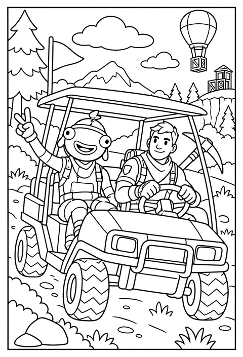 A Fortnite character riding in a golf cart with a teammate coloring page