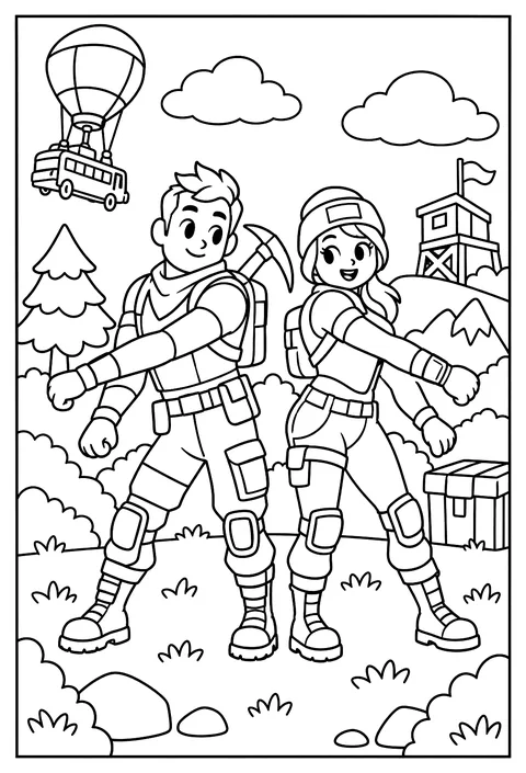 Two Fortnite characters doing a floss dance emote back to back coloring page