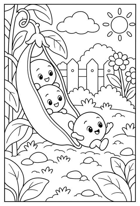 A baby pea learning to roll out of its pod coloring page