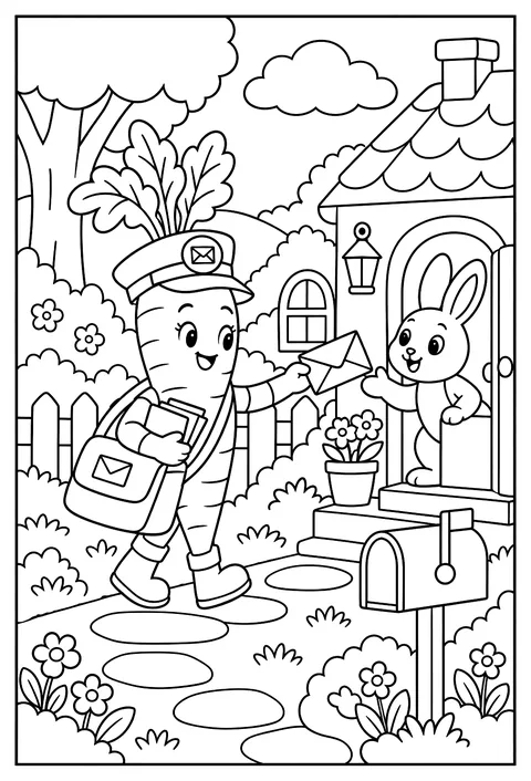 A carrot mail carrier with leafy hair coloring page