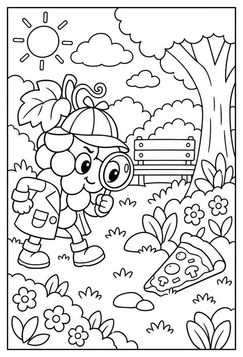 A detective grape finding the missing slice coloring page