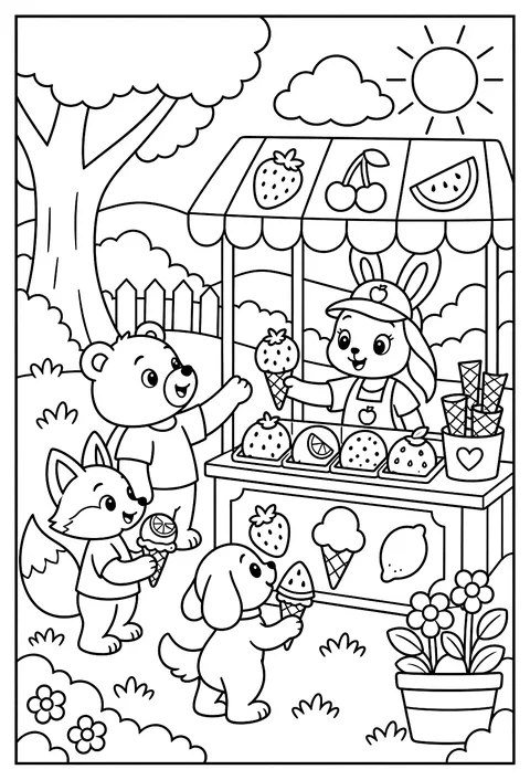 A fruit ice-cream stand with fruit-shaped scoops coloring page