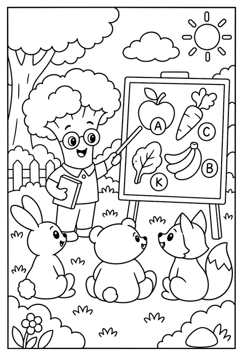 A teacher broccoli with a lesson on vitamins coloring page