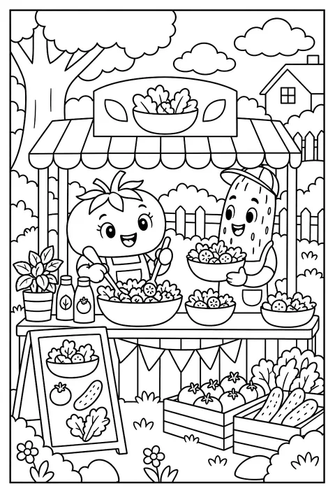 A tomato and a cucumber running a salad stand coloring page