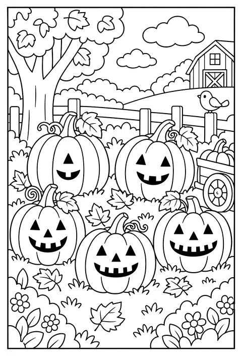 Count-and-color: five pumpkins with 1 to 5 faces coloring page