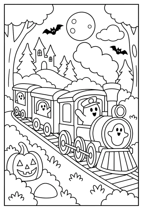 A ghost train through a haunted forest coloring page