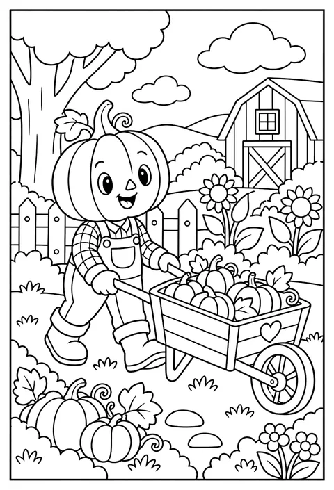 A pumpkin gardener with a wheelbarrow of tiny pumpkins coloring page