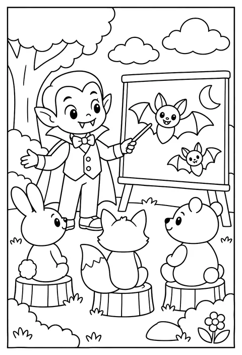 A vampire teacher with a lesson on bats coloring page