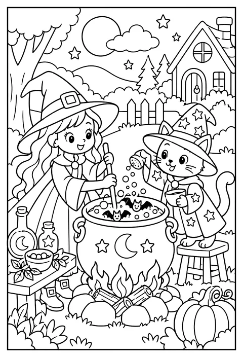A witch and a wizard cat brewing a soup that bubbles bats coloring page
