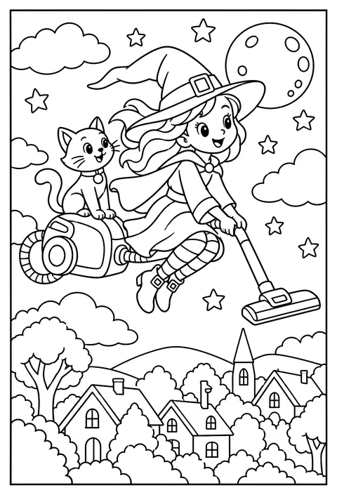 A witch riding a vacuum cleaner instead of a broom coloring page