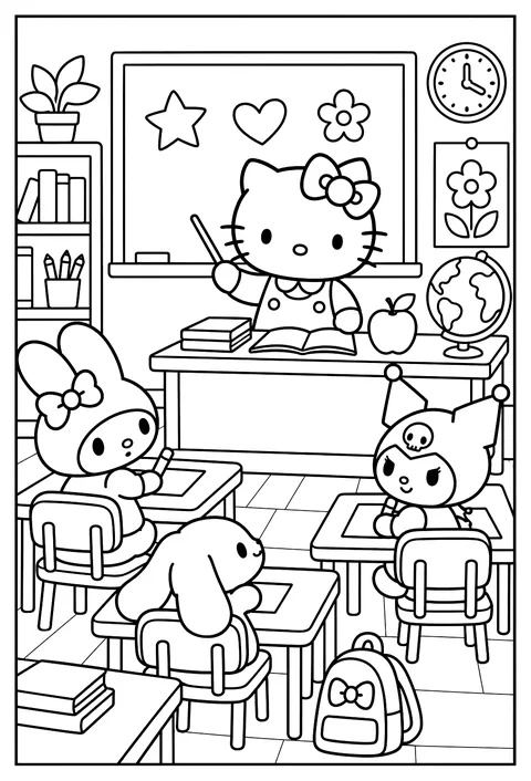 Hello Kitty and friends in a school classroom coloring page