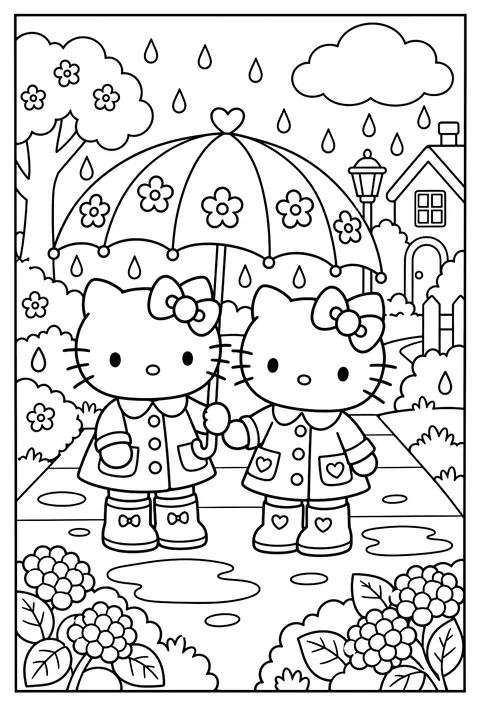 Hello Kitty and her twin sister Mimmy holding hands under a big umbrella in the rain coloring page