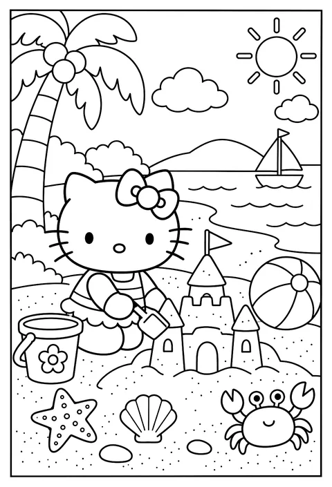 Hello Kitty at the beach building a sandcastle, a bucket, a spade, a beach ball and a crab coloring page