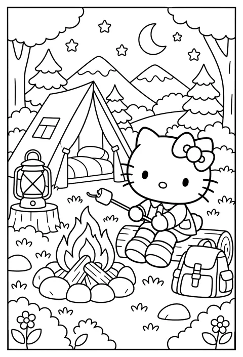 Hello Kitty camping coloring page