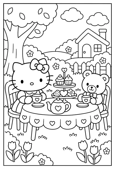 Hello Kitty having a tea party in a garden with her teddy bear, a teapot, cups, a tiered cake stand coloring page