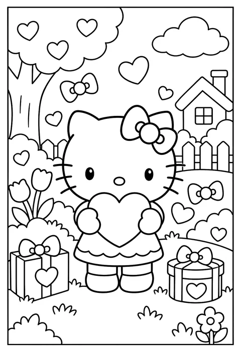 Hello Kitty holding a big heart for Valentine's Day surrounded by smaller hearts and bows coloring page