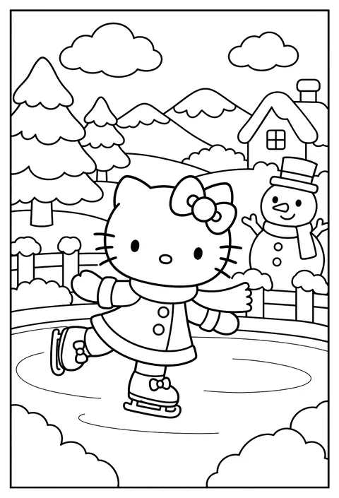 Hello Kitty ice skating on a frozen pond with snowy pine trees and a snowman coloring page