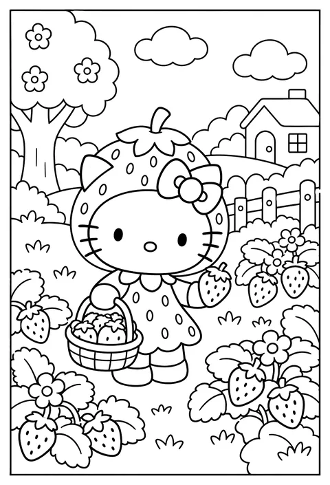 Hello Kitty in a strawberry costume in a strawberry patch coloring page
