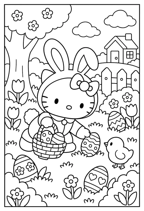 Hello Kitty in an Easter bunny costume hunting decorated eggs in the grass coloring page
