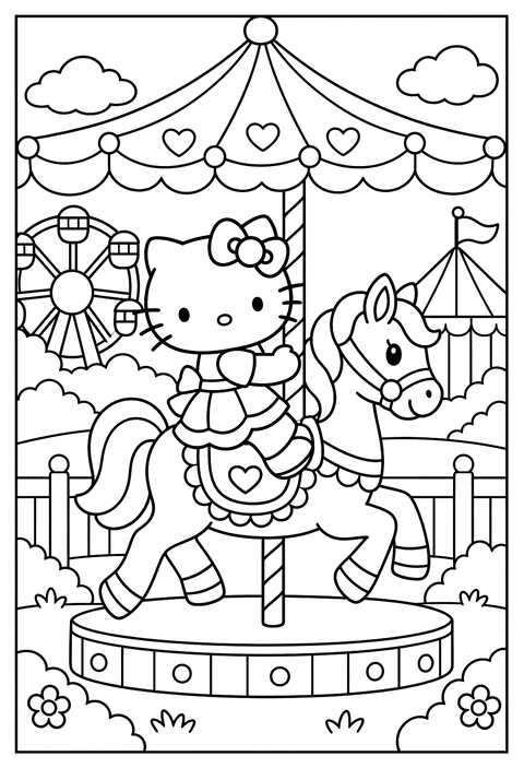 Hello Kitty riding a merry-go-round horse at a fair, the carousel canopy above coloring page