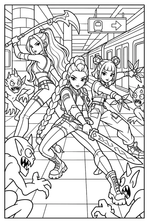 HUNTR/X fighting cartoon demons in a subway station coloring page
