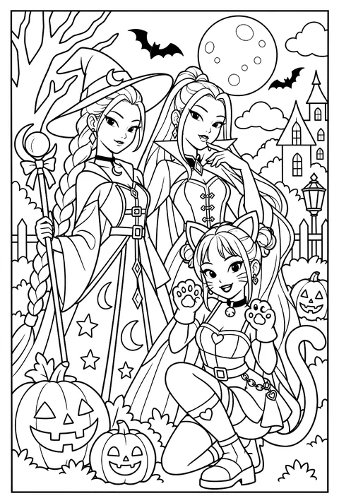 HUNTR/X Halloween costumes: witch, vampire and cat coloring page