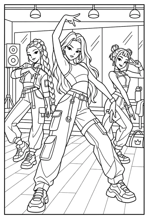 Mira doing a dance move in a practice room with mirrors coloring page