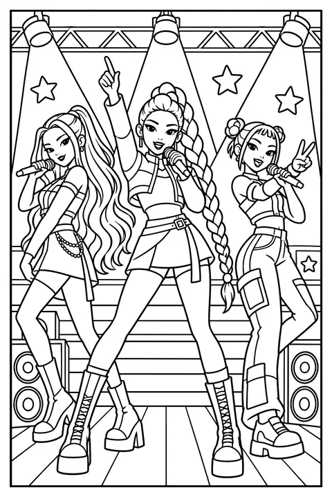 Rumi, Mira and Zoey of HUNTR/X performing on a concert stage with spotlights and speakers coloring page