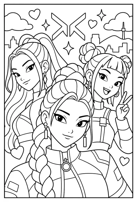 Rumi's close-up portrait with her long braid and earrings coloring page